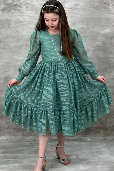Kız Çocuk Kolları Transparan Yakası İnci Boncuklu Etek Ucu Fırfırlı Yeşil Abiye - Resim 3