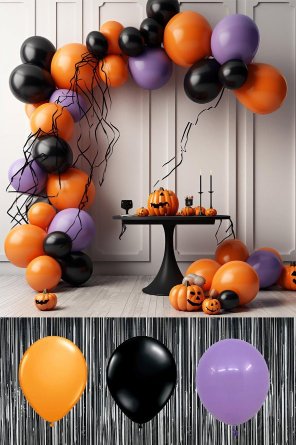 Cadılar Bayramı Balon Zinciri Turuncu Siyah Lila Balon Zinciri 50 adet Balon Halloween Balonları