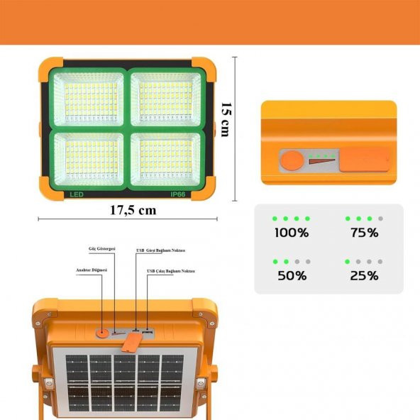 Taşınabilir Solarlı Çalışma Ve Kamp Işığı, Powerbanklı Güneş Enerjili Işıldak,Fener-150W 2000 Lümen 264 Ledli-KÇ - 2