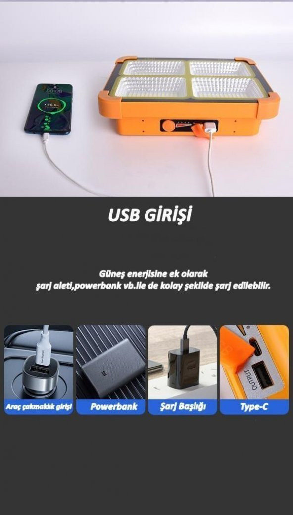 Taşınabilir Solarlı Çalışma Ve Kamp Işığı, Powerbanklı Güneş Enerjili Işıldak,Fener-150W 2000 Lümen 264 Ledli-KÇ - 10