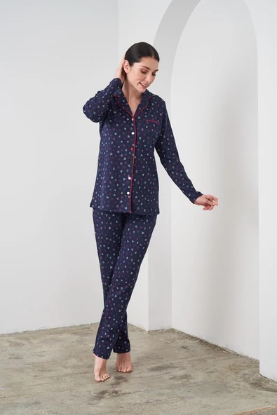 Pjs 24542 Kadın Düğmeli Kalp Desenli Lacivert Pijama Takım