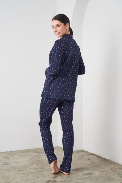 Pjs 24542 Kadın Düğmeli Kalp Desenli Lacivert Pijama Takım - 3