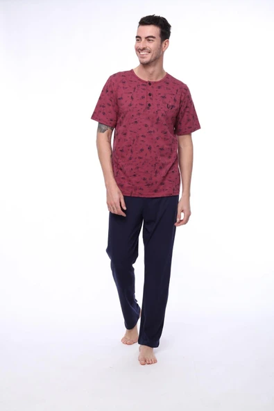 Pijadore 1402 Erkek Yuvarlak Yaka Düğmeli Kısa Kollu Pijama Takım