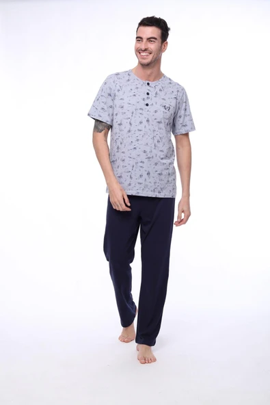 Pijadore 1402 Erkek Yuvarlak Yaka Düğmeli Kısa Kollu Pijama Takım - 4