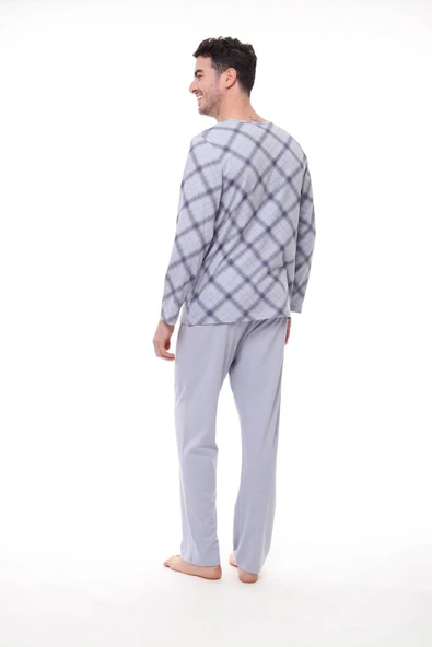 Pijadore 1407 Erkek  Uzun Kollu Kareli Düğmeli Pijama Takım - 3