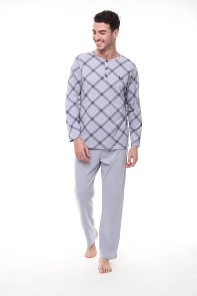 Pijadore 1407 Erkek  Uzun Kollu Kareli Düğmeli Pijama Takım - 1
