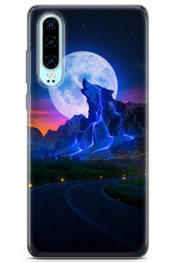 Huawei P30 Uyumlu Kılıf Opus 07 Gece ve Kurt Desenli Kılıf Dark