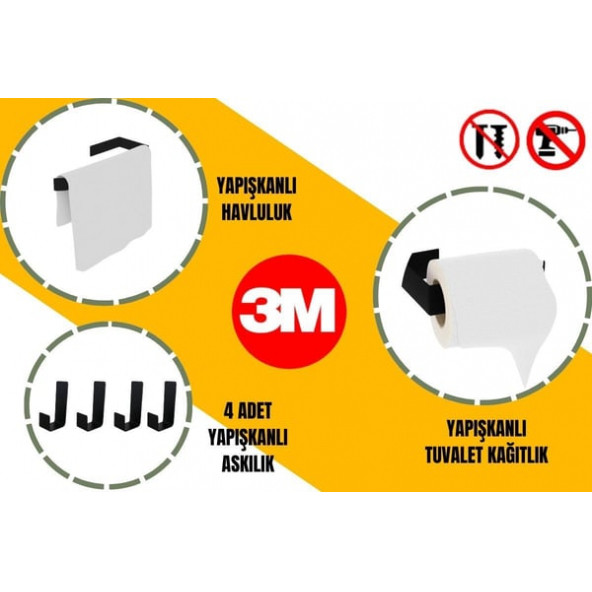 Risingmaber Siyah Yapışkanlı Kağıt Havluluk & Yapışkanlı Tuvalet Kağıtlık & 4lü Yapışkanlı Askılık
