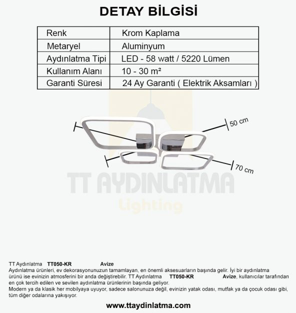 TT Aydınlatma TT050-KR  Baklava Desen Krom Kaplama 4 lü Led Avize - 5