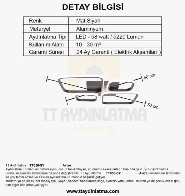 TT Aydınlatma TT050-SY  Baklava Desen Mat Siyah 4 lü Led Avize - 5