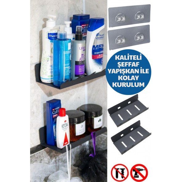 Risingmaber Yapışkanlı 2 li Siyah Köşe Şampuan Tutucu, Banyo Düzenleyici, Mutfak ve Raf Düzenleyici - 2