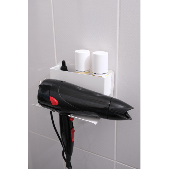 Risingmaber Beyaz Metal Yapışkanlı Saç Kurutma Askısı, Yapışkanlı Banyo Düzenleyici Organizer Fön Makinelik