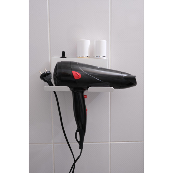 Risingmaber Beyaz Metal Yapışkanlı Saç Kurutma Askısı, Yapışkanlı Banyo Düzenleyici Organizer Fön Makinelik - 2