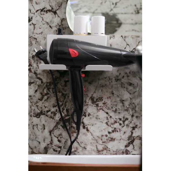 Risingmaber Beyaz Metal Yapışkanlı Saç Kurutma Askısı, Yapışkanlı Banyo Düzenleyici Organizer Fön Makinelik - 8