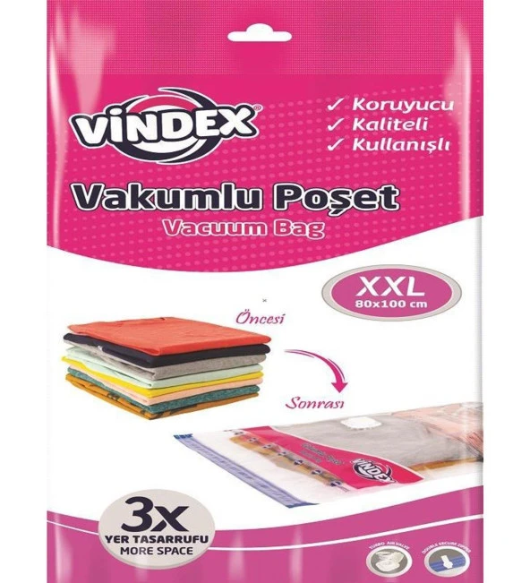 Vindex Vakumlu Giyisi Yastık Yorgan Saklama Torbası Poşeti Hurç - XX Large - 80x100 Cm. -1 Paket