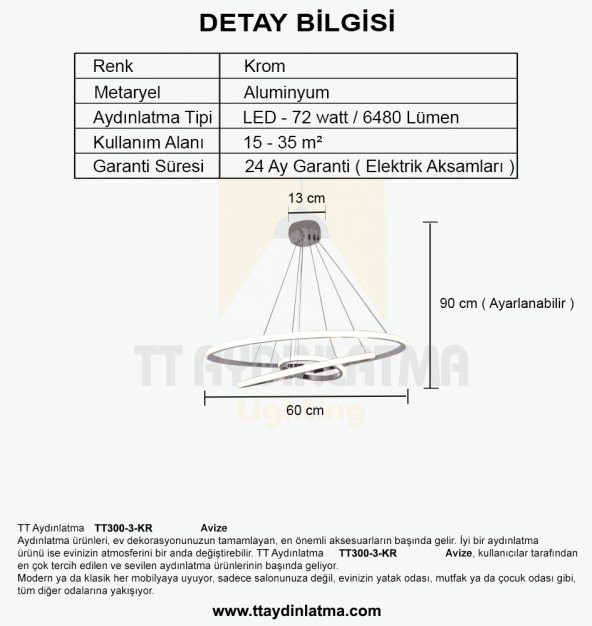 TT Aydınlatma TT300-3 KR  Halka 3 lü Krom Kaplama Led Avize - 6