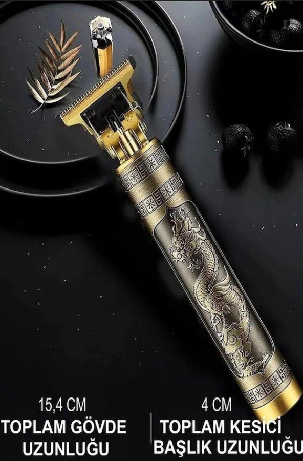 Zhltools Metal Gövdeli Şarjlı T-Bıçak Saç Ense Sakal Tıraş Makinesi Ejder Baskılı - 2