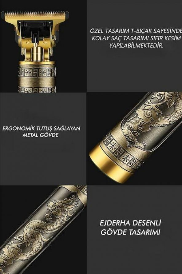 Zhltools Metal Gövdeli Şarjlı T-Bıçak Saç Ense Sakal Tıraş Makinesi Ejder Baskılı - 3