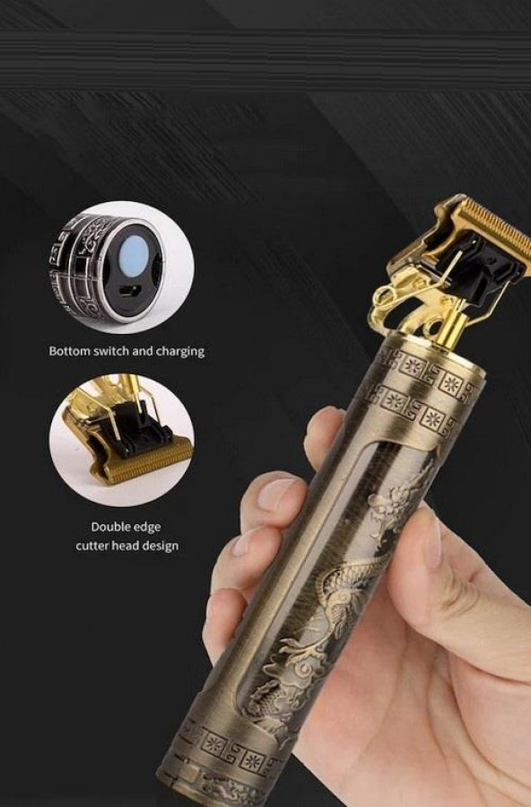 Zhltools Metal Gövdeli Şarjlı T-Bıçak Saç Ense Sakal Tıraş Makinesi Ejder Baskılı - 4
