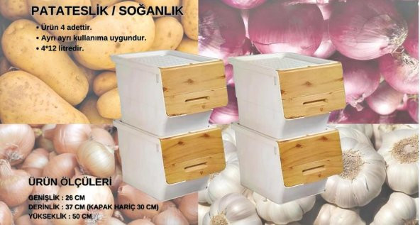 Motek Patateslik Soğanlık Sepeti Oyuncak Kutusu Tekerlekli Organızer Çok Amaçlı Kutu 4X12Lt-Bambu+Krem
