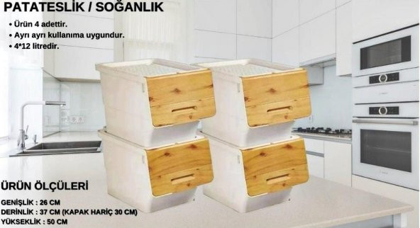 Motek Patateslik Soğanlık Sepeti Oyuncak Kutusu Tekerlekli Organızer Çok Amaçlı Kutu 4X12Lt-Bambu+Krem - 2