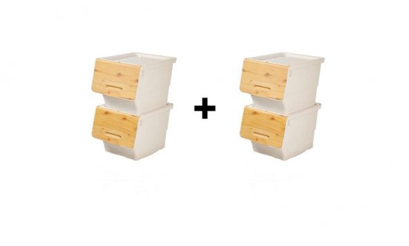 Motek Patateslik Soğanlık Sepeti Oyuncak Kutusu Tekerlekli Organızer Çok Amaçlı Kutu 4X12Lt-Bambu+Krem - 4