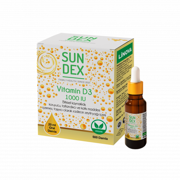 SUNDEX Vitamin D3 1000 IU 500 Damla 20 ml Bitkisel Kaynaklı