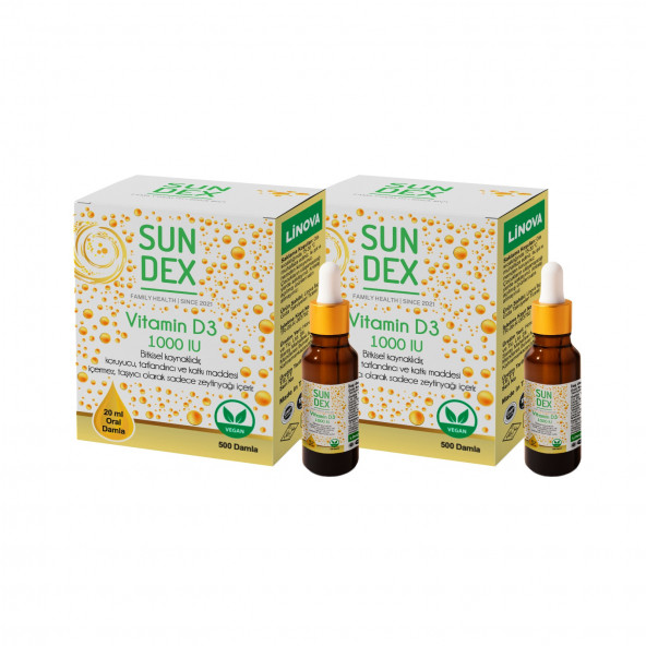 SUNDEX Vitamin D3 1000 IU 500 Damla 20 ml Bitkisel Kaynaklı 2li Paket