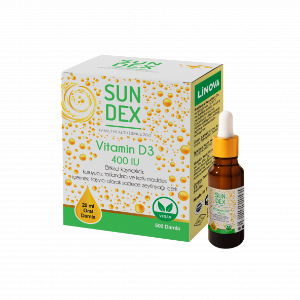 SUNDEX Vitamin D3 400 IU 20 ml Bitkisel Kaynaklı 500 Damla