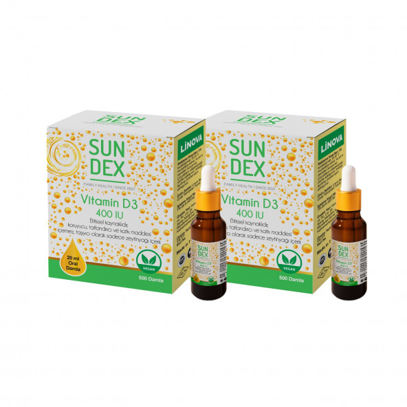 SUNDEX Vitamin D3 400 IU 20 ml Bitkisel Kaynaklı 500 Damla 2li Paket