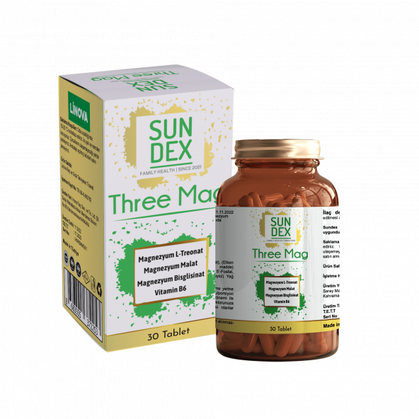 SUNDEX Three Mag (Magnezyum L-Treonat + Malat + Bisglisinat + Vitamin B6) 30 Tablet