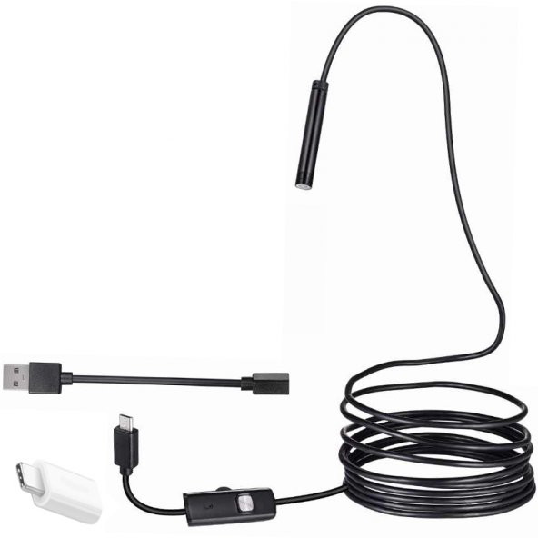 Powermaster 3İn1 Micro Usb+Type C+Pc 8 Mm Işıklı 5 Metre Endeskop Yılan Kamera - 1
