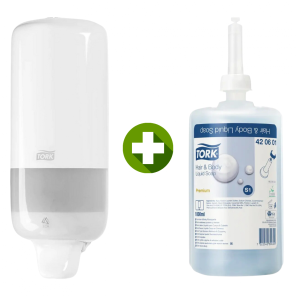 1 Ad. Tork Sıvı Sabun Dispenseri Beyaz 560000 + 1 Litre Tork Sıvı Sabun Premium Hediyeli