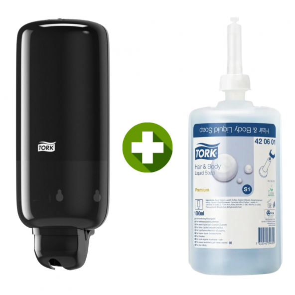 1 Ad. Tork Sıvı Sabun Dispenseri Siyah 560008 + 1 Litre Tork Sıvı Sabun Premium Hediyeli
