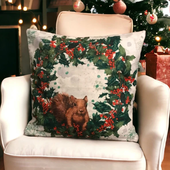 Yılbaşı, Christmas, Kış, Winter Çelenkli Sincap Kırlent - Kırlent Kılıfı ürün görseli