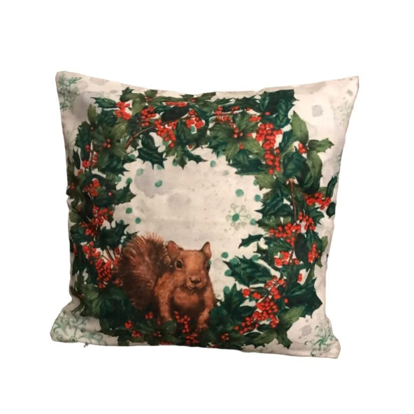 Yılbaşı, Christmas, Kış, Winter Çelenkli Sincap Kırlent - Kırlent Kılıfı - Resim 2