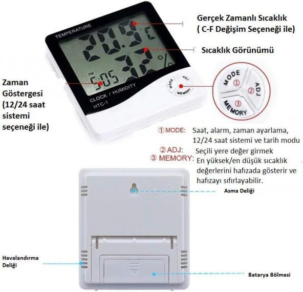 Temperature Dijital Saatli Nem Ölçer Termometre HTC-1 - 3