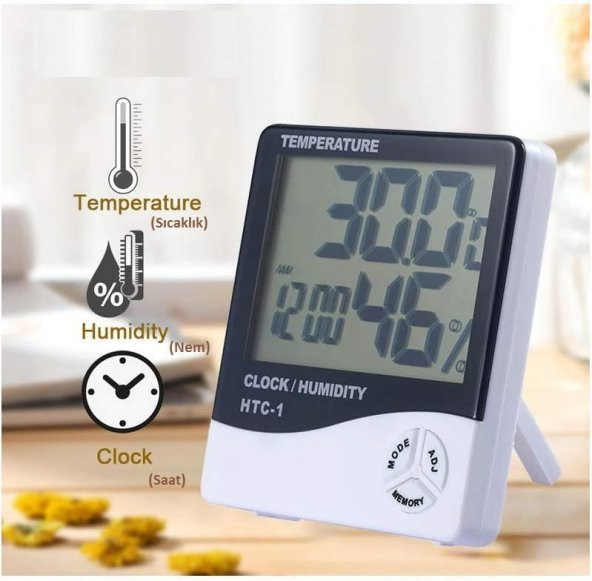 Temperature Dijital Saatli Nem Ölçer Termometre HTC-1 - 5