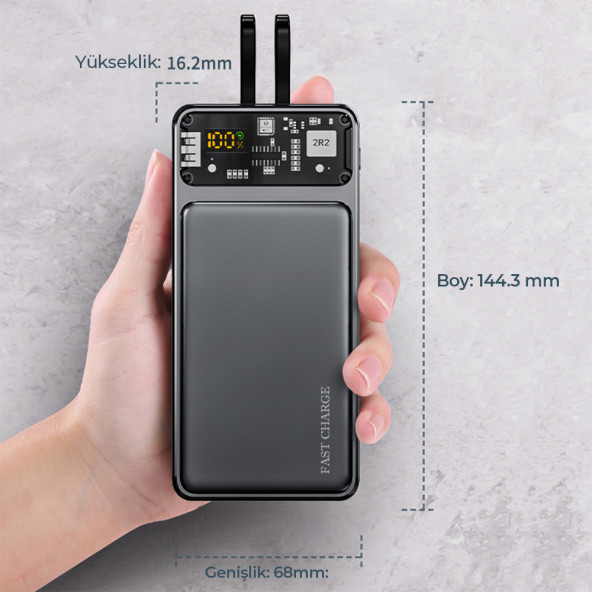Neutron 10000 mAh 22.5W Prime Dijital Led Ekranlı Lightning Ve Type-c Kablolu Powerbank - Siyah - NTL-PB-12F2 - 2