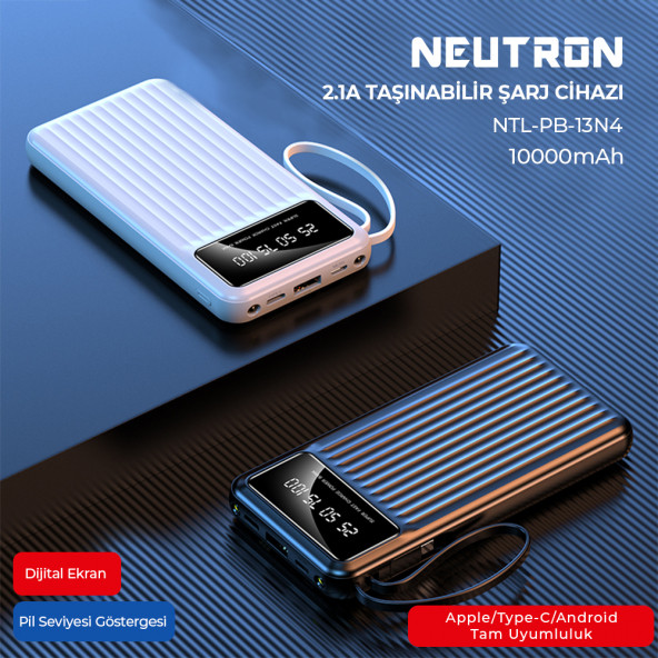 Neutron 10.000 Mah Kablolu Dijital Göstergeli El Feneri Özellikli Powerbank - Siyah - NTL-PB-13N4 - 2