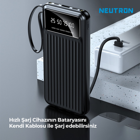 Neutron 10.000 Mah Kablolu Dijital Göstergeli El Feneri Özellikli Powerbank - Siyah - NTL-PB-13N4 - 4