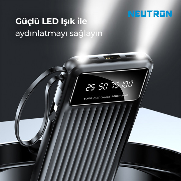 Neutron 10.000 Mah Kablolu Dijital Göstergeli El Feneri Özellikli Powerbank - Siyah - NTL-PB-13N4 - 5