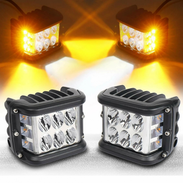 Off Road Motosiklet 45w 12 Led 10cm Beyaz Turuncu Çakarlı Kare Sis Farı Çalışma Lambası 2 Adet Sağ Sol