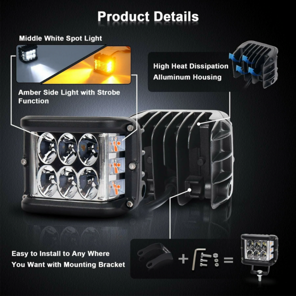 Off Road Motosiklet 45w 12 Led 10cm Beyaz Turuncu Çakarlı Kare Sis Farı Çalışma Lambası 2 Adet Sağ Sol - 6