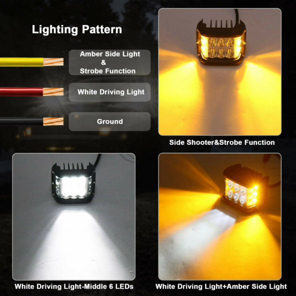 Off Road Motosiklet 45w 12 Led 10cm Beyaz Turuncu Çakarlı Kare Sis Farı Çalışma Lambası 2 Adet Sağ Sol - 7