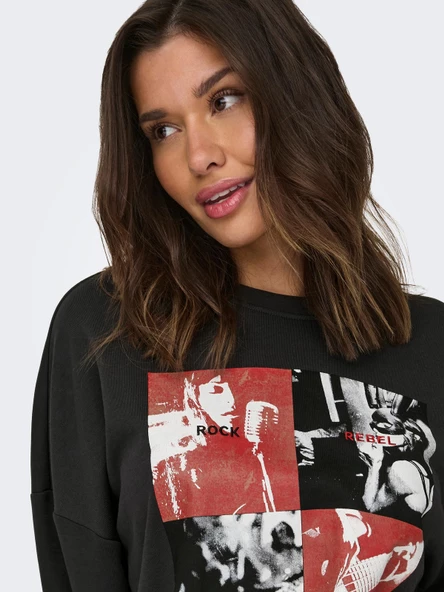 ONLY Bayan Önü Baskılı Bisiklet Yaka Sweatshirt 15312656 - Resim 2