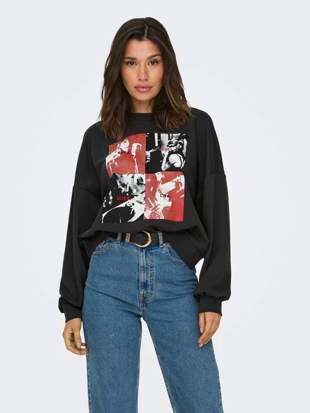 ONLY Bayan Önü Baskılı Bisiklet Yaka Sweatshirt 15312656 - Resim 3