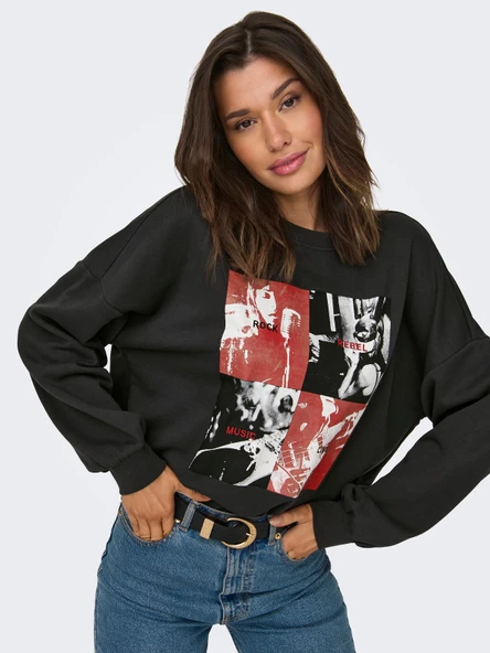 ONLY Bayan Önü Baskılı Bisiklet Yaka Sweatshirt 15312656