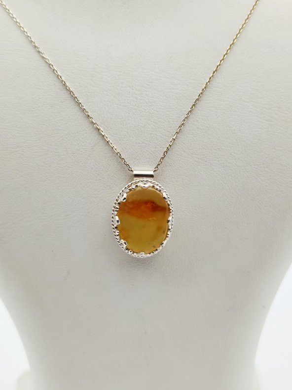 Gümüş Zincirli Damla Kehribar Kolye - 2