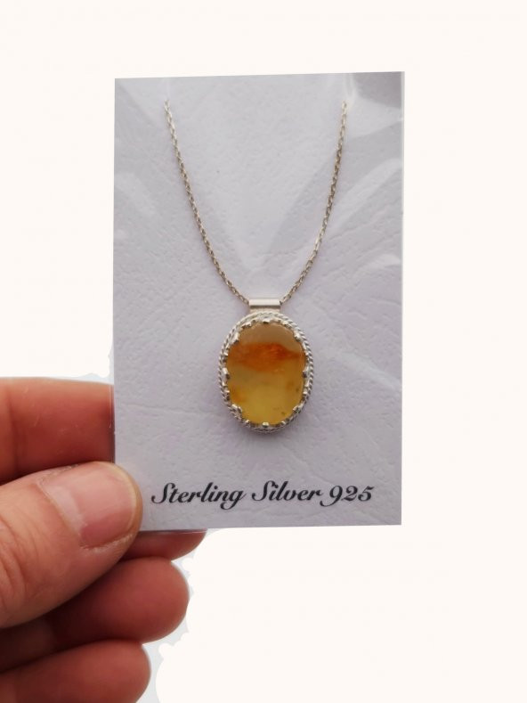 Gümüş Zincirli Damla Kehribar Kolye - 3